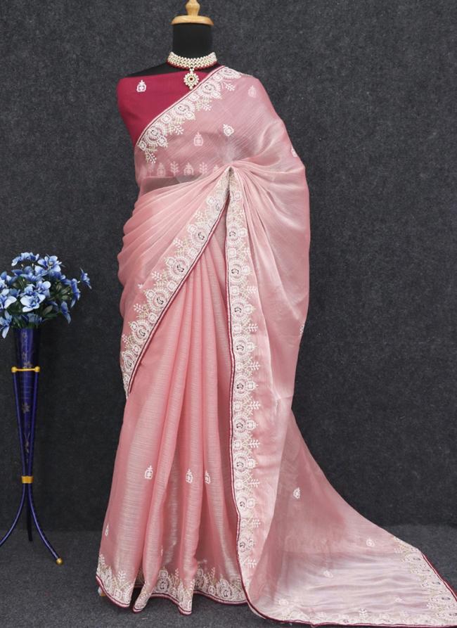 Burberry Silk Pink Wedding Wear Embroidery Work Saree